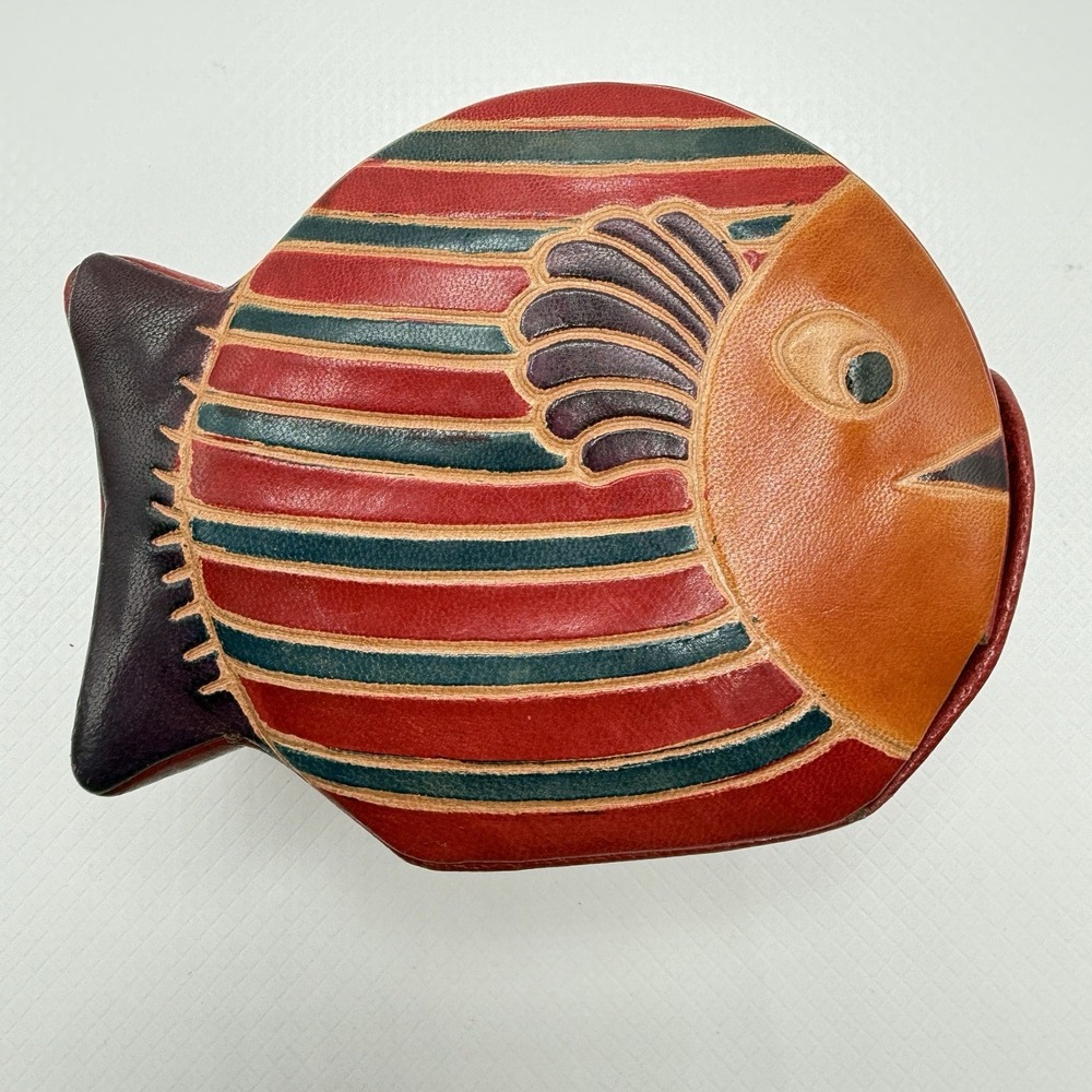 Fish Leather Money Box Hand Painted Embossed Trinket Coin Bank Vintage Jewelry